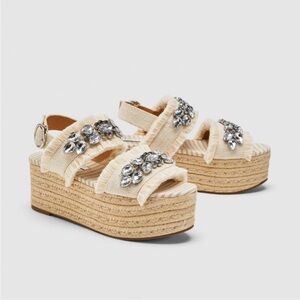 Zara Cream Espadrille Platform Sandals with Embellishments